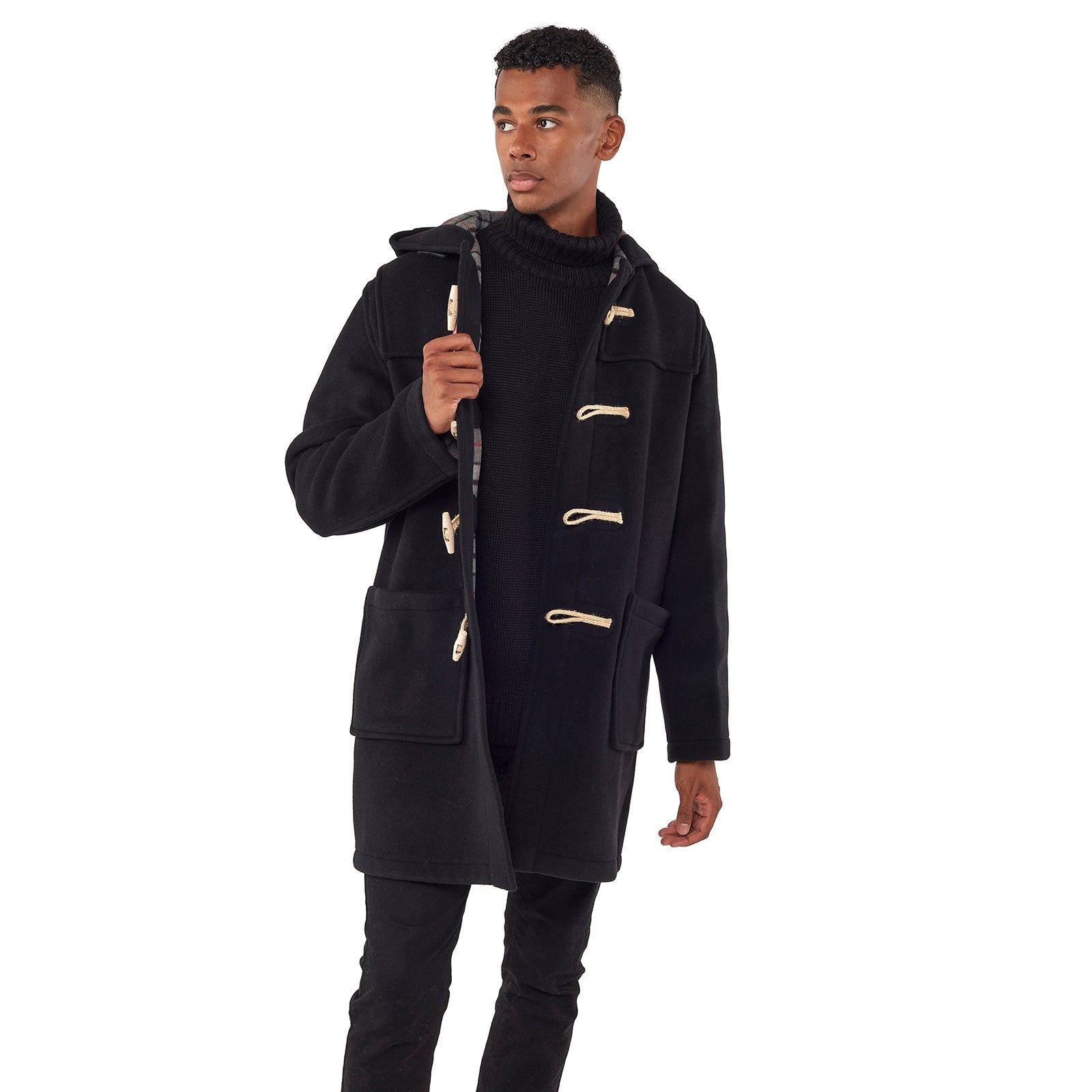 Cappotto Duffle da uomo dal taglio classico con alette in legno - Nero