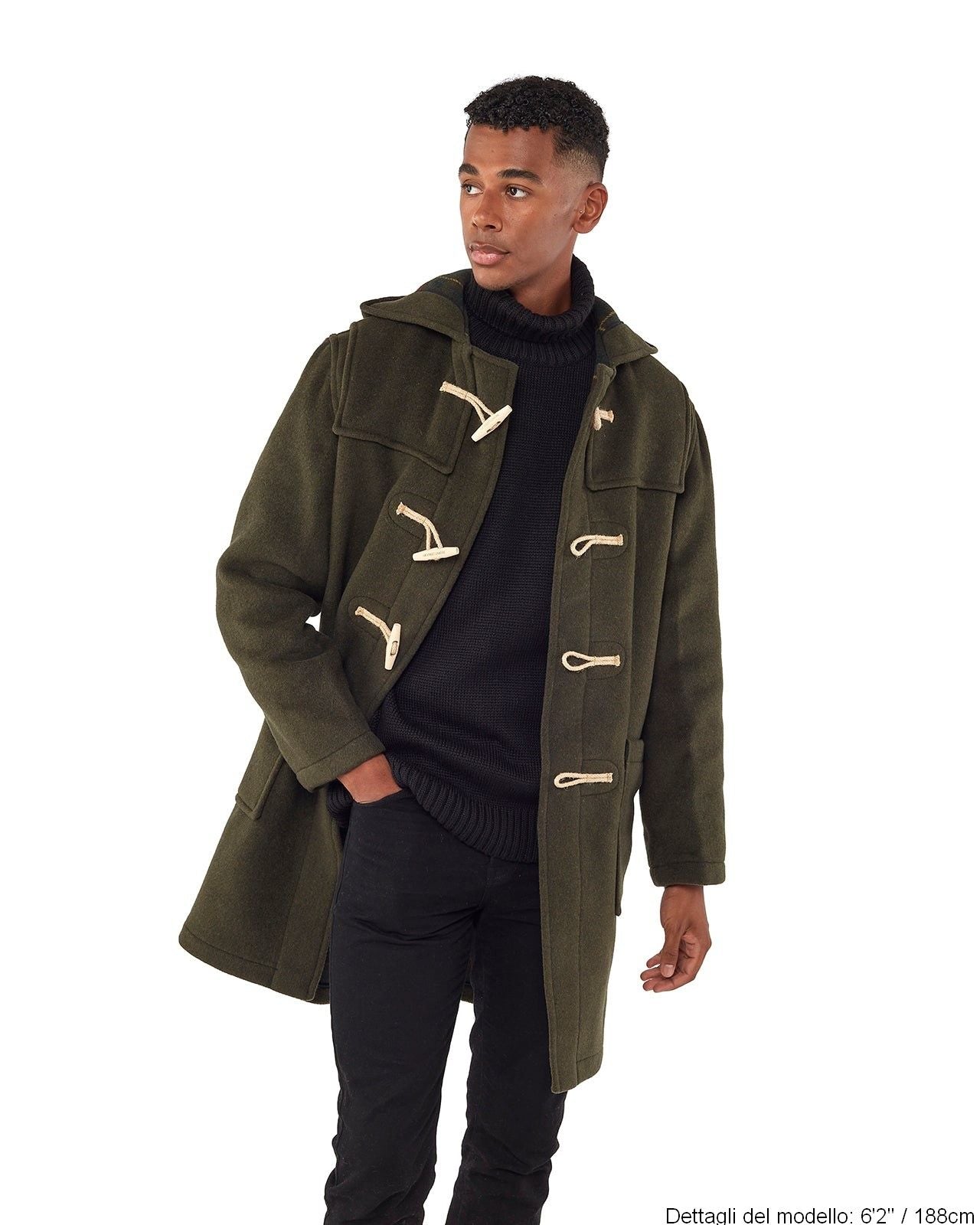 Cappotto Duffle da uomo dal taglio classico con alette in legno - Verde Oliva