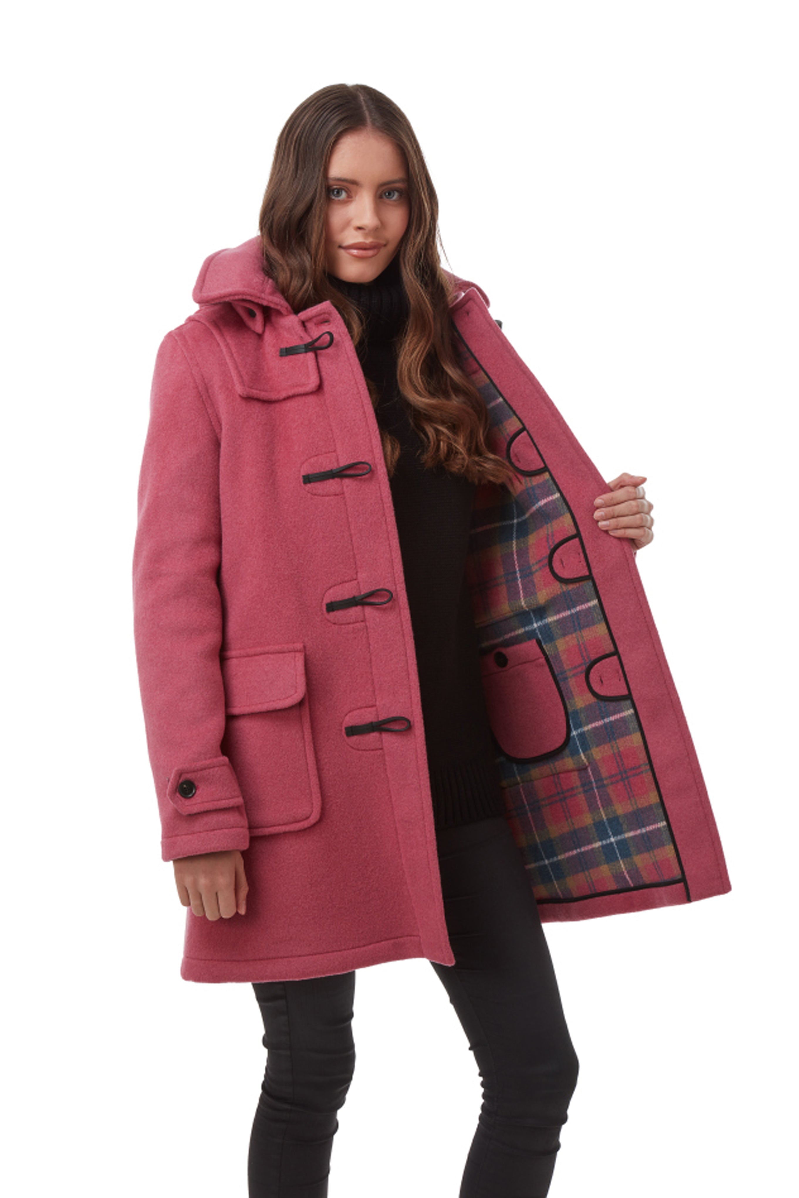 Montgomery donna, vestibilità personalizzata, cappuccio amovibile ed alamari in corno - Rosa