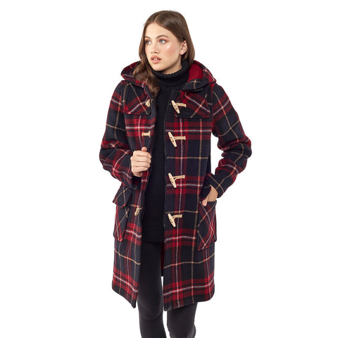 Cappotto Duffle da donna dal taglio classico con alette di legno - Tartan Bordeaux