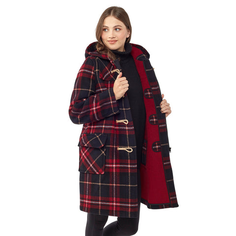 Cappotto Duffle da donna dal taglio classico con alette di legno - Tartan Bordeaux