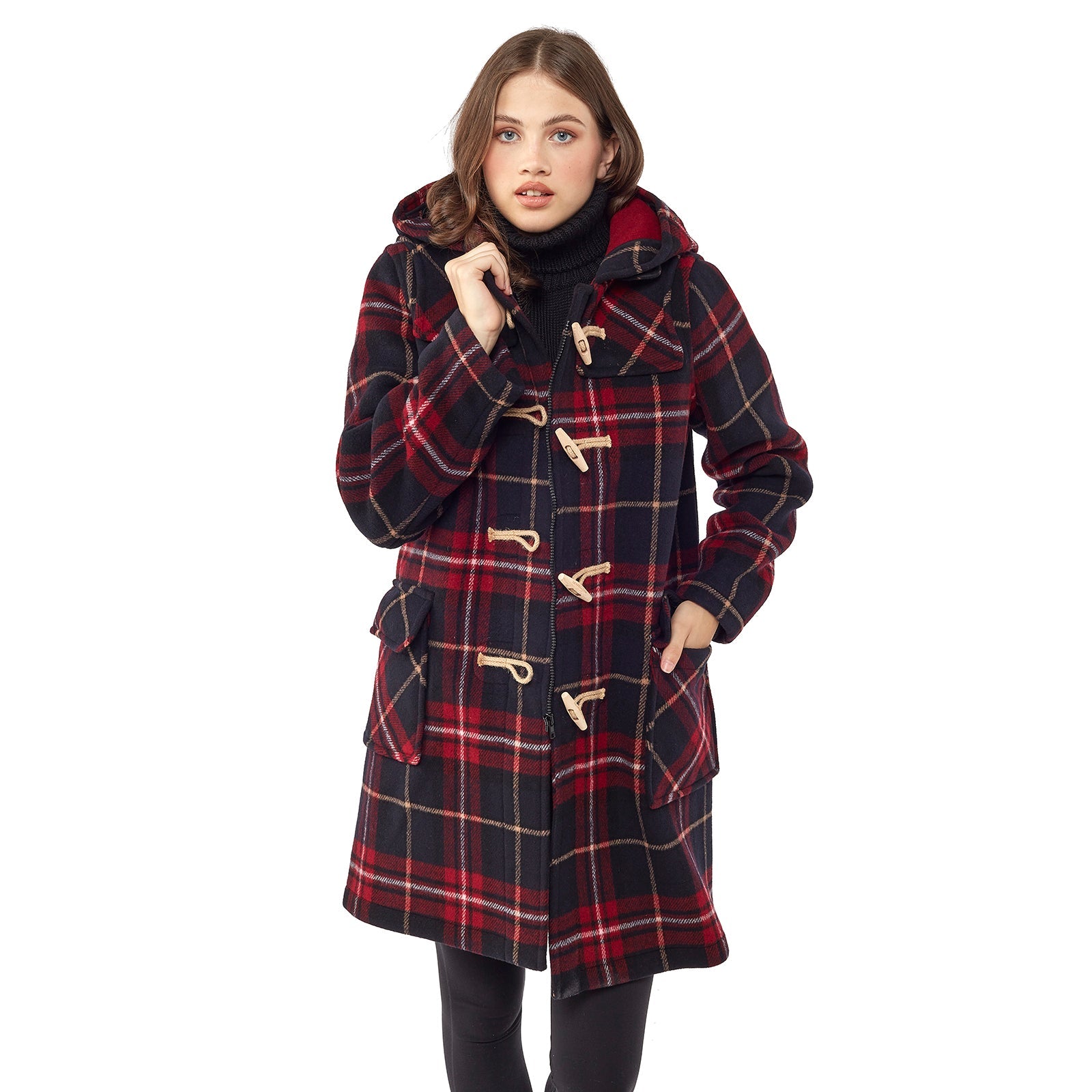 Montgomery Donna Originale, vestibilità classica con olivette in legno - Tartan Bordeaux