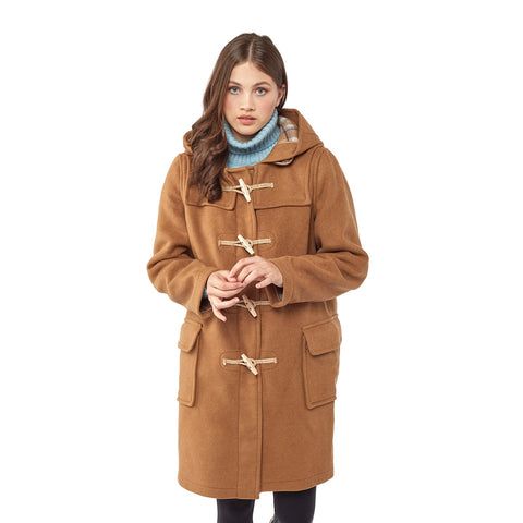 Cappotto Duffle da donna dal taglio classico con alette di legno - Camello