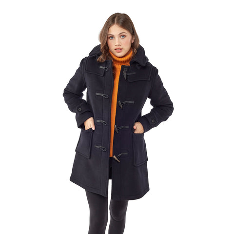 Montgomery donna, vestibilità personalizzata, cappuccio amovibile ed alamari in corno - Blu Navy
